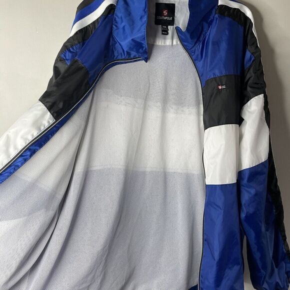 SOUTHPOLE Jacket Mens XXL Full Zip Windbreaker Y2K Blue Black White Stripe - Picture 8 of 16